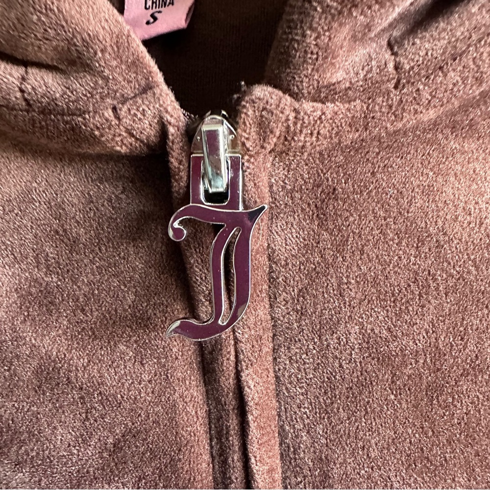 Juicy Couture Brown Velour Hoodie Rhinestone Y2K Cropped Full Zip‎ Sz S - Picture 8 of 11